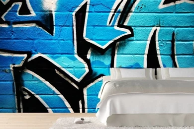 Bedroom Design With Blue Graffiti Wall Mural   Wallpapers Mural ...