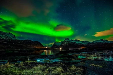 Norway, Lofoten Islands, Mountains, Winter, Night, Northern Lights ...