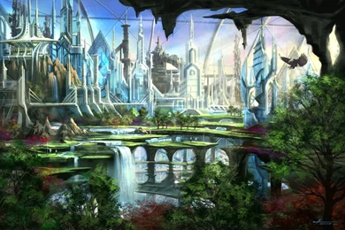 Fantasy Art Cities Waterfalls Nature Trees Wallpapers