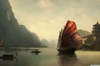 Junk Ship Chinese Painting HD Desktop Wallpapers : Widescreen ...