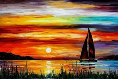 1024x576 Boat Sunset Painting Wallpapers