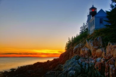 Lighthouses Bass Harbor Light Land Sunset Lighthouse Sea Maine ...