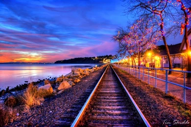 Other: Railroad Track Sunset Clouds Sky Lights Sea Trees Sun Train ...