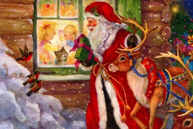 Download Wallpapers 2048x2048 Santa Claus, Reindeer, Window, Kids ...