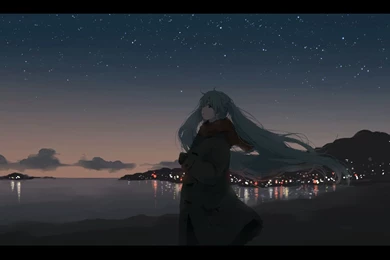Beach Dark Hanno Hatsune Miku Long Hair Night Scarf Scenic Stars ...