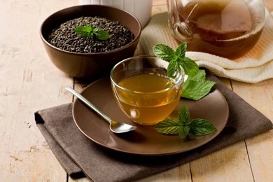 Download Wallpapers 1440x900 Tea, Mint, Leaves, Teapot, Spoon, Bowl ...