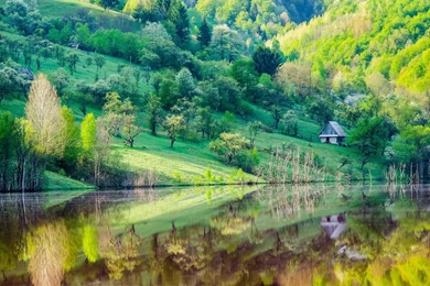 Mountain Slope, Trees, House, Lake, Water Reflection, Spring ...