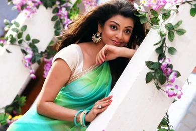 HD Backgrounds Kajal Agarwal In Jilla Movie Green Saree Wallpapers ...
