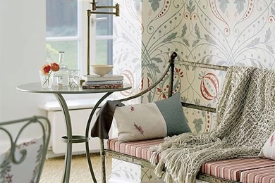 Garden Room Corner With Patterned Wallpaper, Iron Bench And Table ...