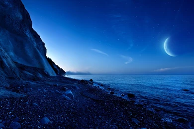 Nightfall Mountain Sea Moon Wallpapers