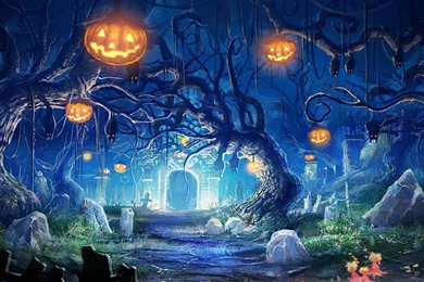 1920x1080 Night, Lights, Bats, Helloween, Art, Pumpkin, Cemetery ...