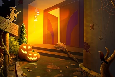 Halloween Monsters Pumpkin Head Fire On A Broom Image