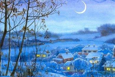 2560x1600 Village, Winter, Month, Watercolor, Night, Snow, Figure ...