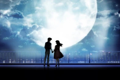 Anime Art Anime Couple Holding Hands Moonlight Desktop ...