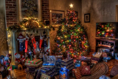 Tree Christmas Presents Fireplace Holiday