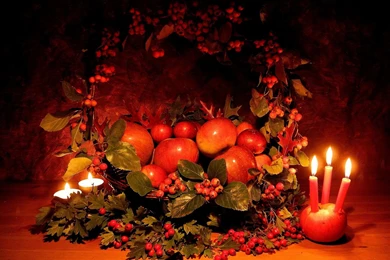 Apples Hawthorn Candles Basket Composition Thanksgiving Wallpapers ...