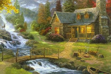 Download Forest House Guitar Mountain River Wooden Bridge Fire ...