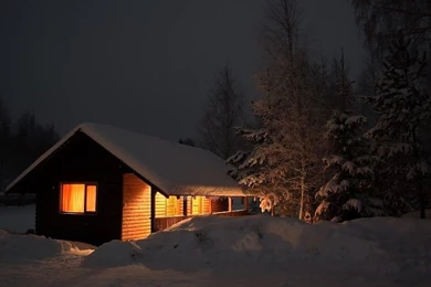 Snowy Log Cabin In Winter Free Desktop Backgrounds And Wallpapers