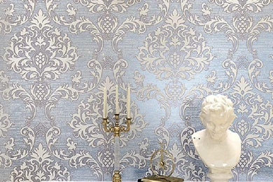 Wood Ceiling Living Room With Damascus Nonwoven Fabric Wallpapers ...