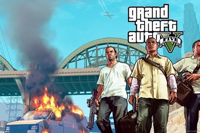 Download 1600x900 GTA 5 Three Guys And A Burning Van Wallpapers