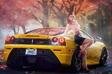 Oil Painting Art Ferrari Car Yellow Girl Autumn Trees Hd Wallpapers ...