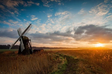 Field Morning Sunrise Mill Windmill Wallpapers