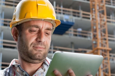 Download Wallpapers 3840x1200 Builder, Building, Helmet, Tablet ...