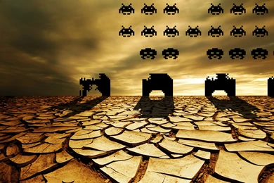 Space Invaders Cracked Classic Atari Desert Landscapes Wallpapers ...