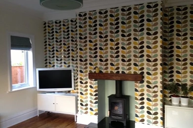 Our Lounge With Orla Kiely Wallpapers And Log Burner