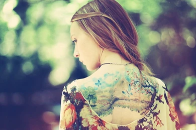 Download Wallpapers 1920x1080 Girl, Back, Dress, Tattoos, Nature ...