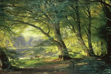 Deer: Lakewood Deer Painitng Trees Lake Art Woods Desktop ...