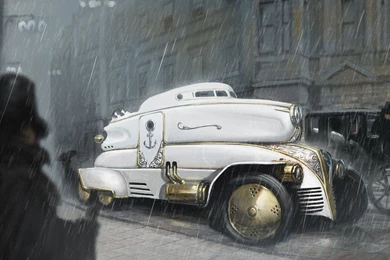 Art Steampunk Car City White Rain Storm Custom Retro Wallpapers ...