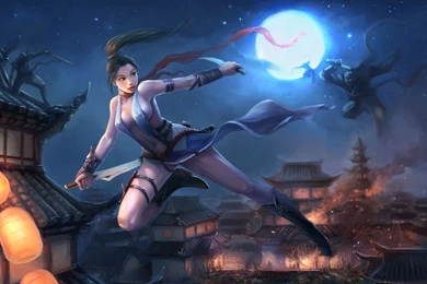 Wallpapers Ninja Girl Katana House Roof Fire Swords Weapons Anime ...