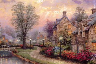 Download Wallpapers 3840x2160 Houses, Bridge, River, Art, Painting ...