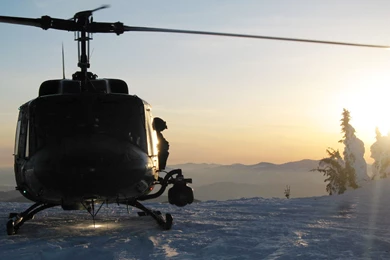 Sunset Scene Of Bell UH 1N Twin Huey Of US Air Force