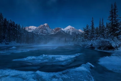 Alberta Canada Rocky Mountains River Mountain Forest Winter Ice ...