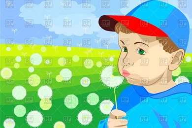 Little Boy In A Blue Cap And Blue Jacket, Blowing On A Dandelion ...