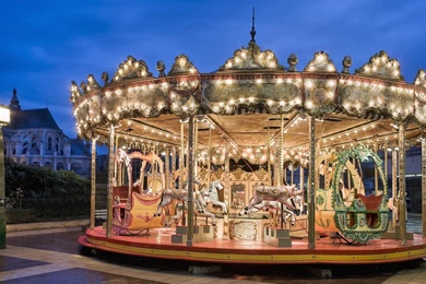 Paris France Church Carousel Amusement Night Lights Animals Horses ...