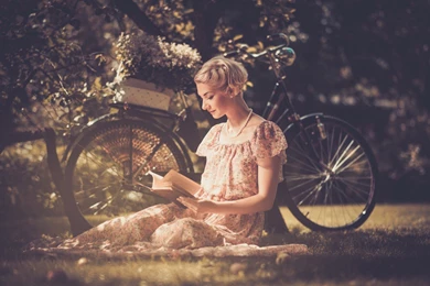 Girl blonde dress beads style retro bicycle nature hd wallpapers ...