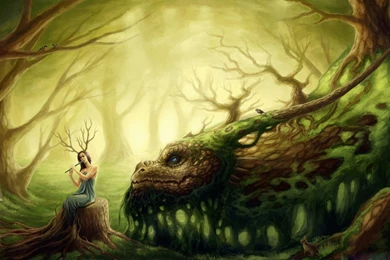 Forest Creatures green Tree Dragon Animal Girl Bird Music ...