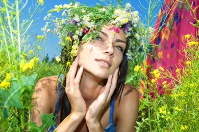 Download Wallpapers 1920x1080 Girl, Wreath, Brunette, Field, Blue ...