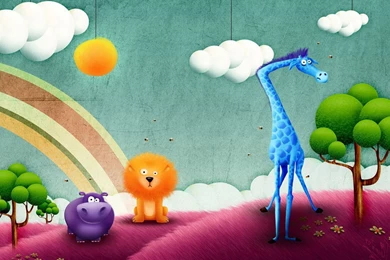 Savanna, Tree, Rainbow, Sun, Giraffe, Lion, Hippo, Artistic ...