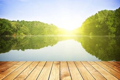 Sunset On Forest Lake And Wooden Board Backgrounds By Macinivnw On ...