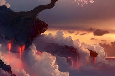 Top android wallpapers 1080x1920 Fantasy Pink Cherry Blossoms Cloudy Mountain Top Skyscape Paint Art.jpg