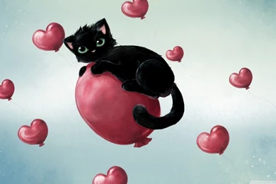 Cute Kitty Floating On Heart Baloons HD Desktop Wallpapers ...