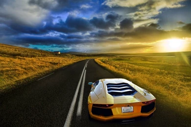 Lamborghini Aventador Yellow Field Road Sky