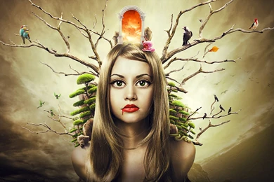Abstract Girl, Tree Branches, Birds, Door Widescreen Wallpapers ...