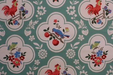 1940's Vintage Wallpapers Red And Aqua With Birds Cherries Roosters ...