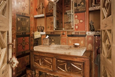 Old World Powder Room With Artistic Wallpapers