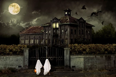 Children In Ghost Costumes Trick Or Treat At Haunted House HD ...